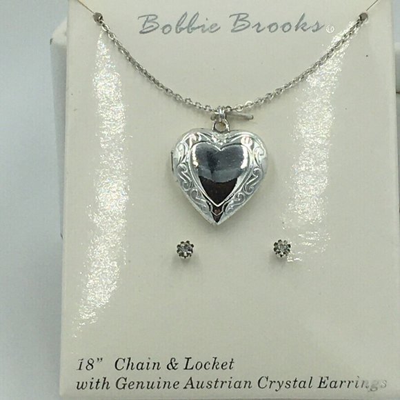 Bobbie Brooks HEART LOCKET on 18” Silver Tone CHAIN Austrian CRYSTAL EARRINGS - Picture 1 of 6
